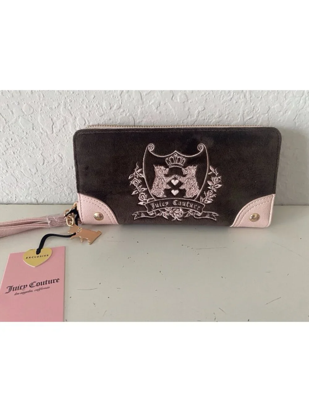 Juicy Couture New Love Chapter Large Zip Wallet Wristlet Chocolate Brown Scottie